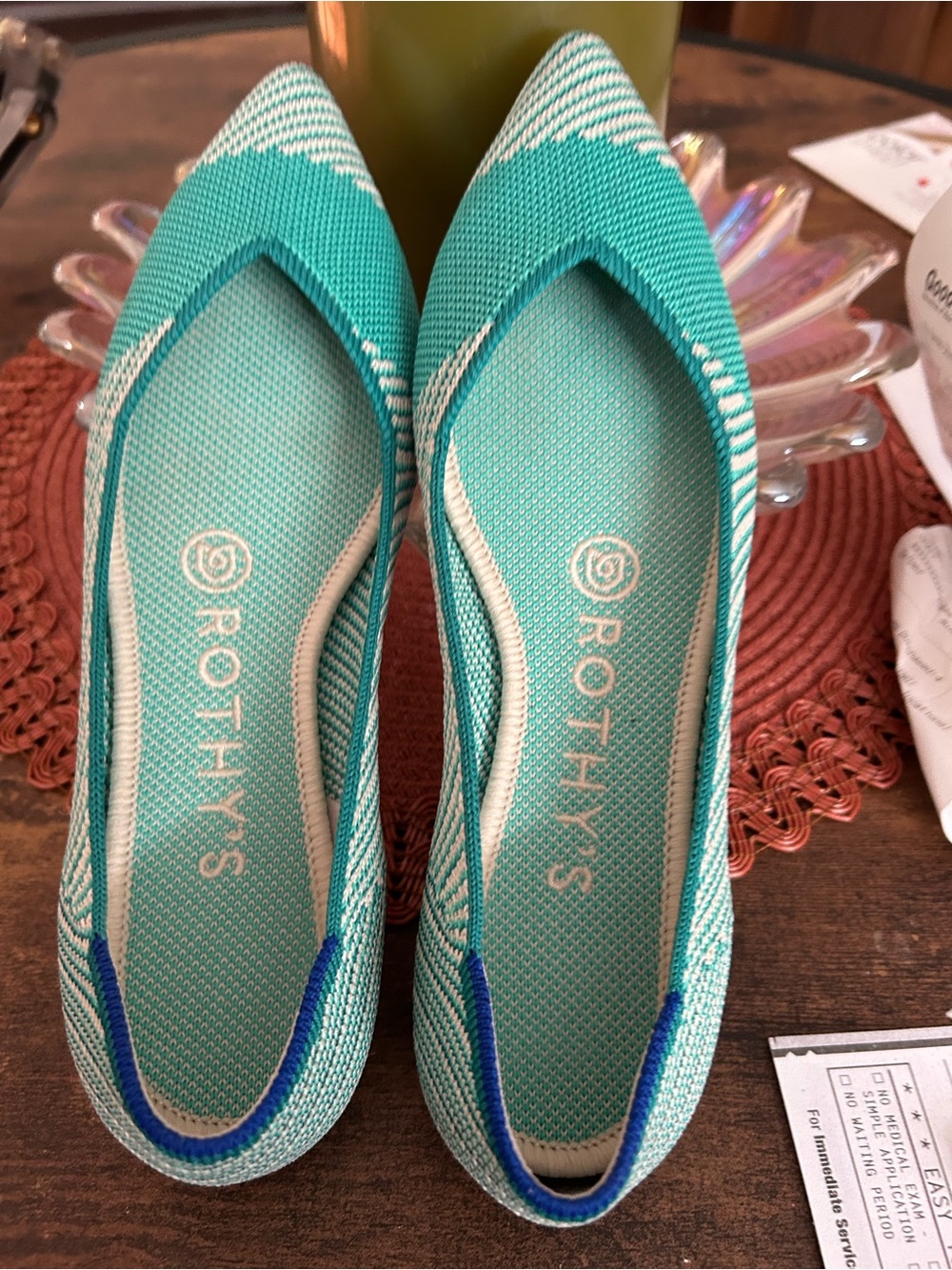 Rothy's Teal and White Pointed Knit Flats